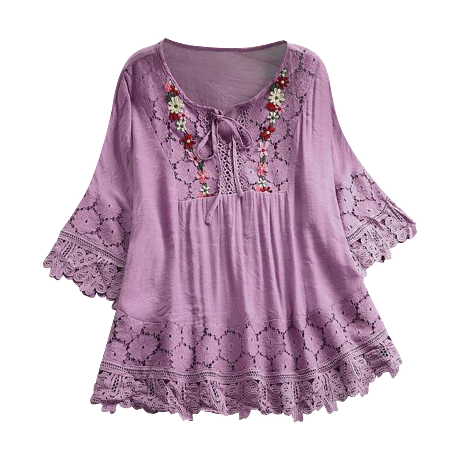 thumbnail image 4 of Blusa vintage de encaje con cuello en V y mangas 3/4 para mujer - Poliéster, corte holgado, 4 of 8